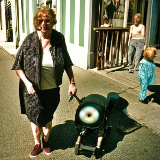 Image similar to Aphex Twin chasing an old lady down the street, sunny day,