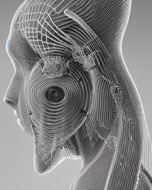 Image similar to mythical dreamy black and white organic bio-mechanical spinal ribbed profile face portrait detail of translucent steampunk bio-mechanical beautiful female angelic-human-queen-vegetal-cyborg, highly detailed, intricate crystal jelly ornate, poetic, 3D render, digital art, octane render, 8K artistic photography, photo-realistic, by Dora Maar