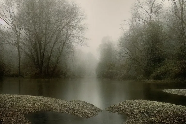 Image similar to a beautiful serene landscape filled with rivers and trees, rainy day, beautiful lighting, high depth, ultra realistic, artistic, by annie leibovitz