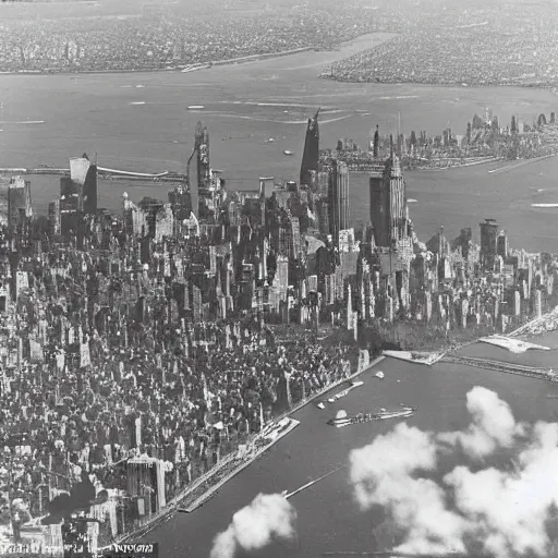 Image similar to aerial view of new york in 1940 with the sky full of zeppelins