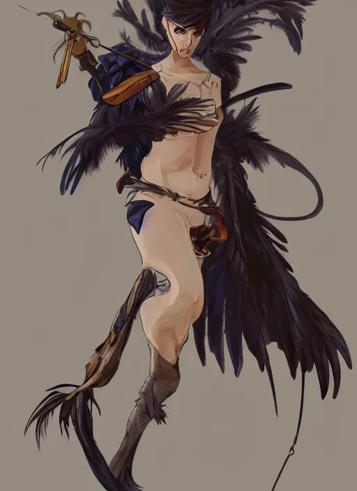 Image similar to concept art painting of a harpy with black feathers, androgynous, pirate clothes, detailed, realistic, cel shaded, in the style of makoto shinkai and james gurney and alphonse mucha and greg rutkowski and artgerm