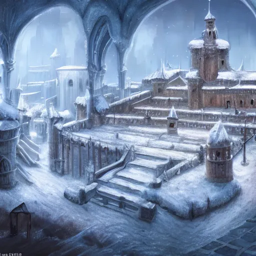 Image similar to fantasy concept art, high detail, 8k, snow covered walled medieval city, labyrinth in the background