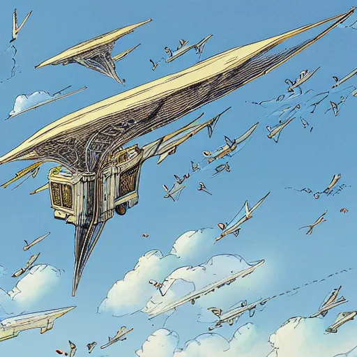 Prompt: Sky ship from the Edge Chronicles flying over the English countryside. Illustration by Chris Riddell