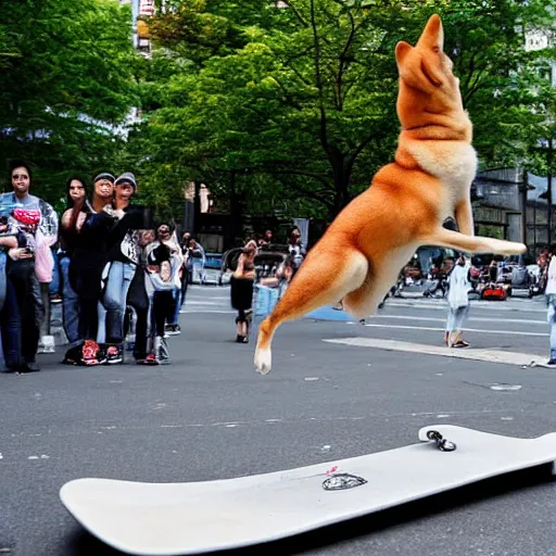 Image similar to a happy shiba inu performs a perfect kick flip on his skateboard in new york city whilst a crowd watches, beautiful photograph