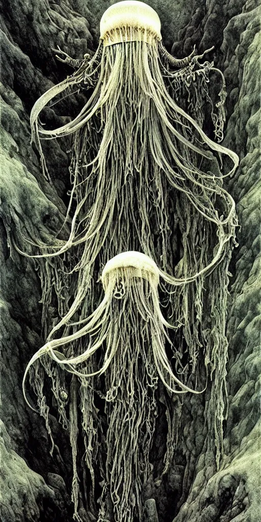 Prompt: A detailed jellyfish god stands among the mountains. Wearing a ripped mantle, robe. Perfect face, colossal scale, extremely high details, realistic, fantasy art, solo, masterpiece, art by Zdzisław Beksiński, Arthur Rackham, Dariusz Zawadzki