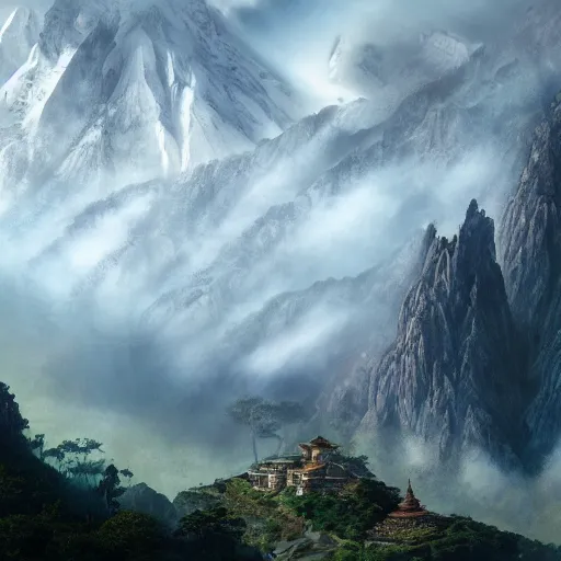 Prompt: a beautiful and highly detailed digital art of nepal in science fiction movie, detailed high buildings and rockets, forgotten valley, nepali architecture buildings, swirling mist, lush forests, intricate details, epic scale, insanely complex, 8 k, sharp focus, hyper realism, fantasy landscape, psychedelic, by caspar friedrich,