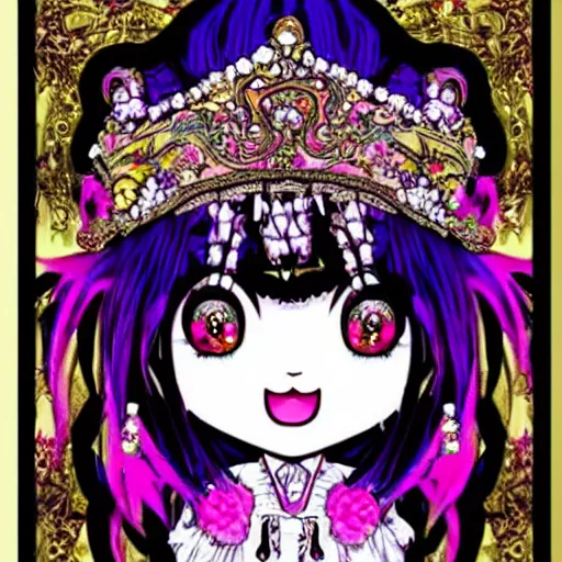 Image similar to baroque bedazzled gothic royalty frames surrounding a pixelsort emo demonic horrorcore japanese beautiful jester decora moe doll, low quality sharpened graphics, remastered chromatic aberration, detailed maximalist sanrio art