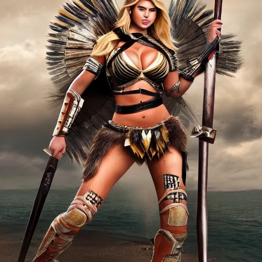 Image similar to full body photo of kate upton as a amazon warrior with weapons