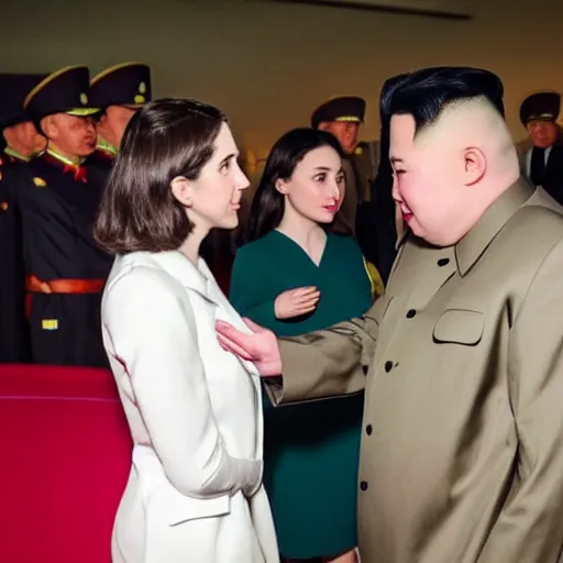 Image similar to close up shot of alison brie engaging peace talks with kim jong un at the slough corn exchange. photography, photographic