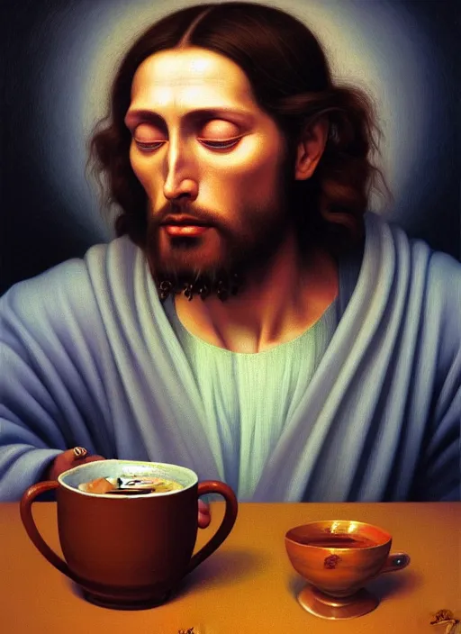 Prompt: hyper detailed 3d render like an Oil painting - Portrait of Jesus Christ drinking coffee by Jacek Yerka, Mariusz Lewandowski, Houdini algorithmic generative render, Abstract brush strokes, Masterpiece, Edward Hopper and James Gilleard, Zdzislaw Beksinski, Mark Ryden, Wolfgang Lettl, hints of Yayoi Kasuma, octane render, 8k