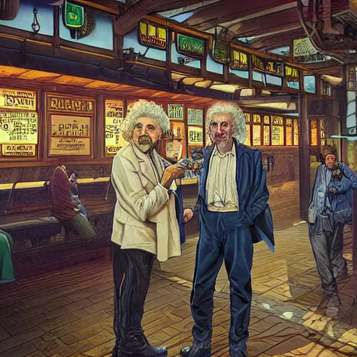 Image similar to Full colour render of albert einstein and nikola tesla brinking beer in a bierhall.. 4K award winning photorealistic concept art. smooth, sharp focus, illustration, dark cyberpunk, dystopian, sythwave, neon art by artgerm and moebius and alphonse mucha