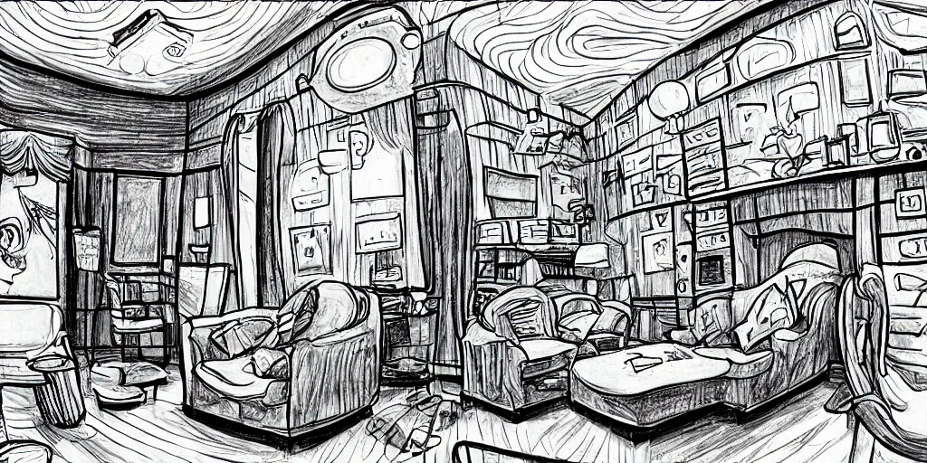 Image similar to a dimly lit, theater dressing room, with a mirror, a chair, a couch, day of the tentacle style, drawn by Peter Chan, fish eye