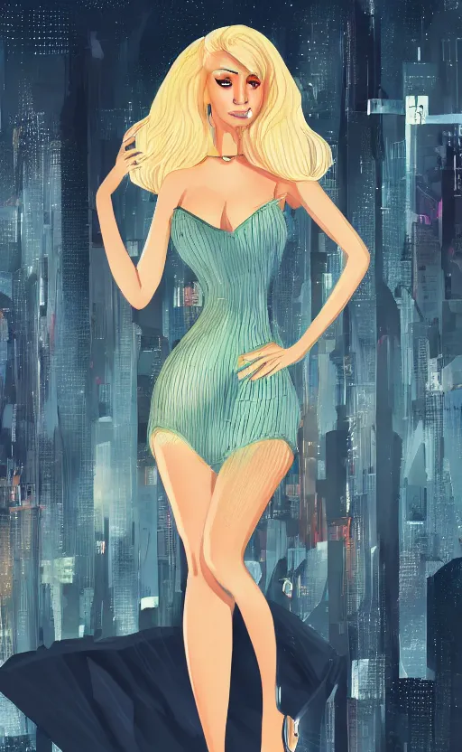 Prompt: a cartoonish portrait of a sexy beautiful blonde woman wearing a cocktail dress, with long hair, in a futuristic blade runner city, illustration art by Sam Yang, Pixar, trending on Artstation, 8K