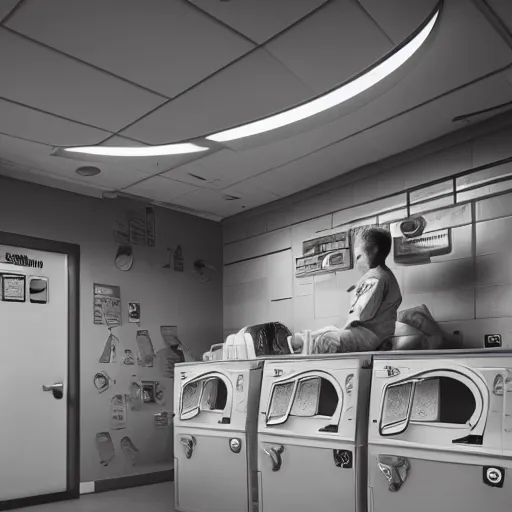 Image similar to a beautiful photo of an astronaut waiting in a laundromat, soft light, morning light, photorealistic, realistic, octane, 8k, cinematic shot