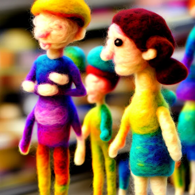 Prompt: needle felted person at supermarket, highly detailed, tilt shift, cute, hyperrealism, highly textured, god rays