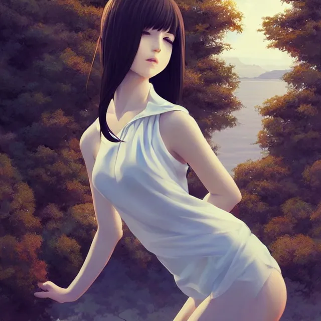 Image similar to infinitely detailed full - body portrait pale female peaceful dream angel wearing elegant clothes. beautiful! scenery art! by wlop & murata range, by ilya kuvshinov. artstation!! / pixiv!!