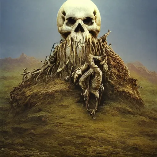 Image similar to post apocalyptic skull on top of the mountain of bones by zdzisław beksinski, digital art, award winning, trending on artstation, digital art. highly detailed 8 k. intricate. lifelike. soft light,