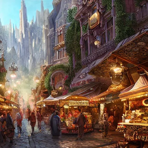 Prompt: a busy fantasy street market from within a beautiful and ornate city, hyper realistic digital art, beautiful painting, detailed, cinematic, great composition, rococo, dungeons and dragons, lord of the rings, artstation