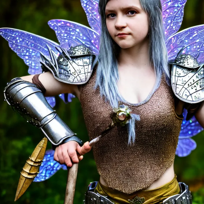 Image similar to full length photo of a fairy warrior wearing sparkly armour, highly detailed, 4 k, hdr, smooth, sharp focus, high resolution, award - winning photo