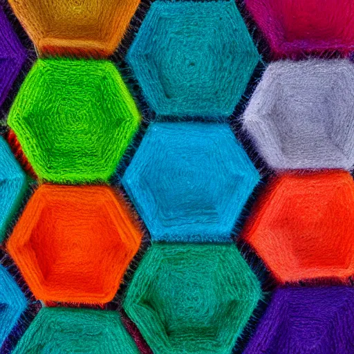 Prompt: hexagon pattern made of multicolour wool, photography, 4k, detailed, high saturation