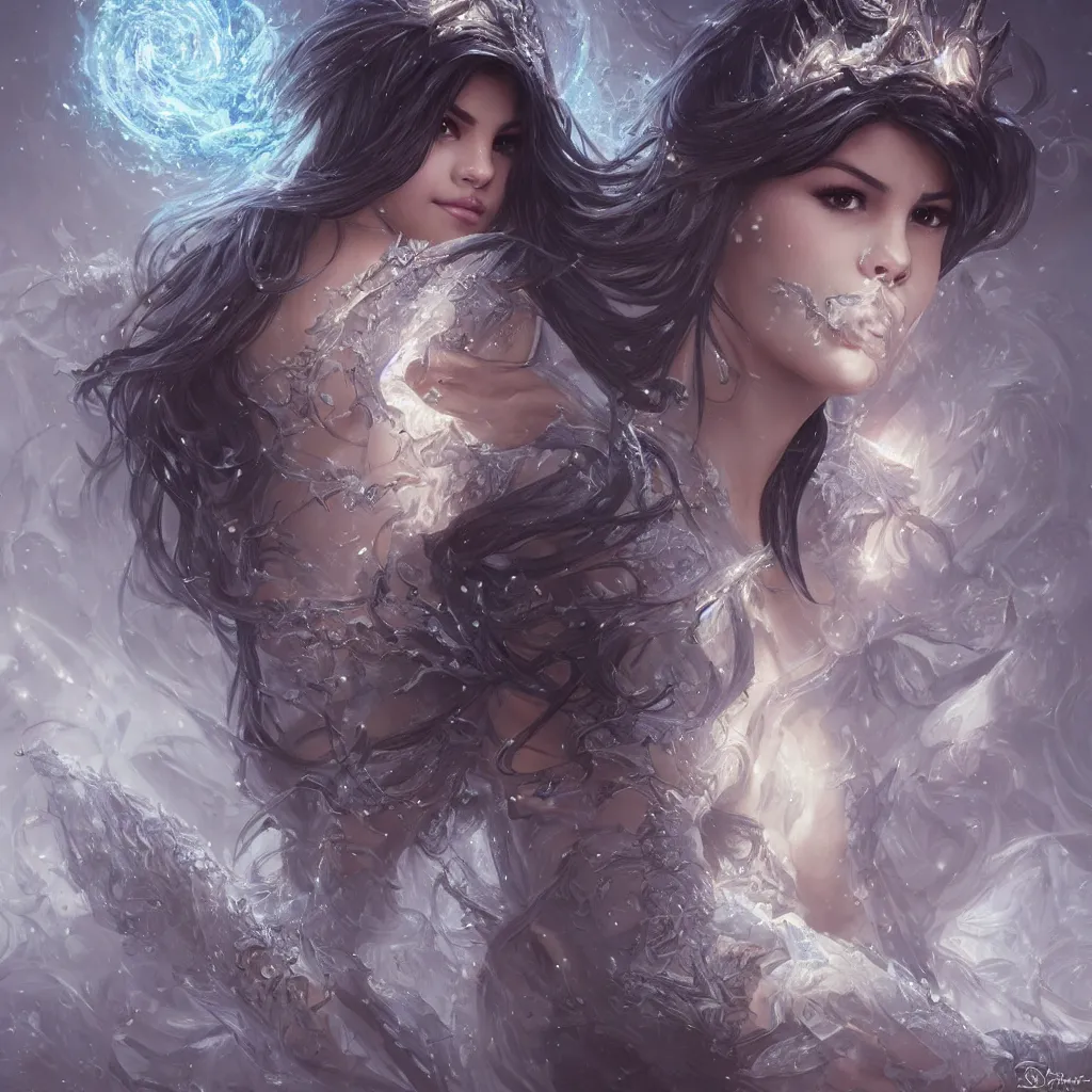 Image similar to Selena Gomez casting an frost spell, D&D, fantasy, intricate, elegant, highly detailed, digital painting, artstation, concept art, matte, sharp focus, illustration, hearthstone, art by Artgerm and Greg Rutkowski and Alphonse Mucha