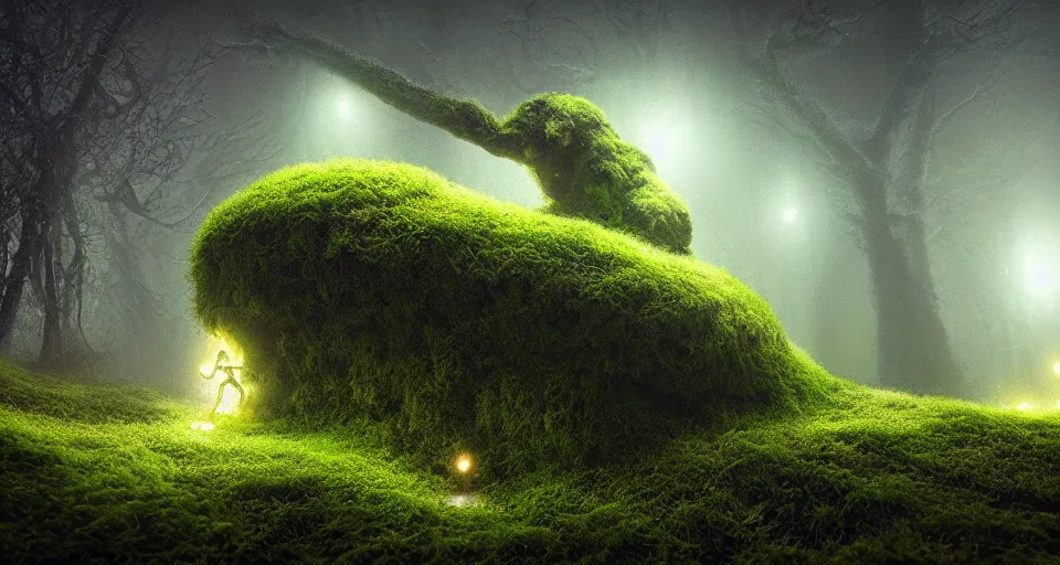 Prompt: a beautiful macro photography of moss with alien fungus, hyperdetailed, warm volumetric lights, made by gerald brom and mike winkelmann