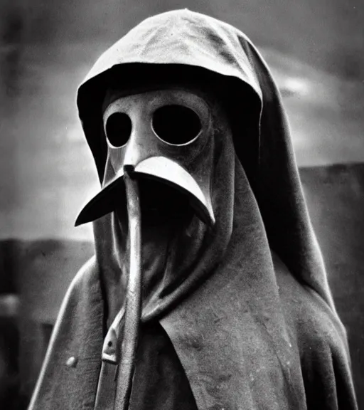 Image similar to a man at wearing plague doctor mask in distance, ww1 film photo, grainy, high detail, high resolution