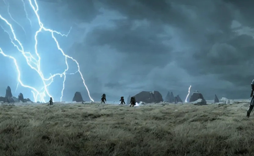 Image similar to screenshot portrait of Luke Skywalker in a windy lightning battlefield with scattered ruins of a fiery jedi rock temple, surrounded by giant AT-AT walkers, with young jedi army behind him, iconic scene from 1970s film by Stanley Kubrick, last jedi, 4k HD, cinematic lighting, beautiful portrait of Mark Hammill, moody scene, stunning cinematography, mcu effects, anamorphic lenses, kodak color film stock