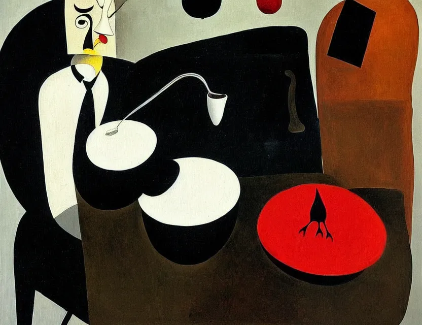 Prompt: a painting of a old and strange dusty professor in black suite making a study of drinking 1 0 cups of black coffee in a kitchen that is slowly melting, styled and painted by joan miro and giorgio de chirico