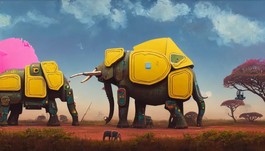 Image similar to an intricate oil painting of a giant south african armored elephant mecha by simon stalenhag, pink, yellow and cyan paint decals