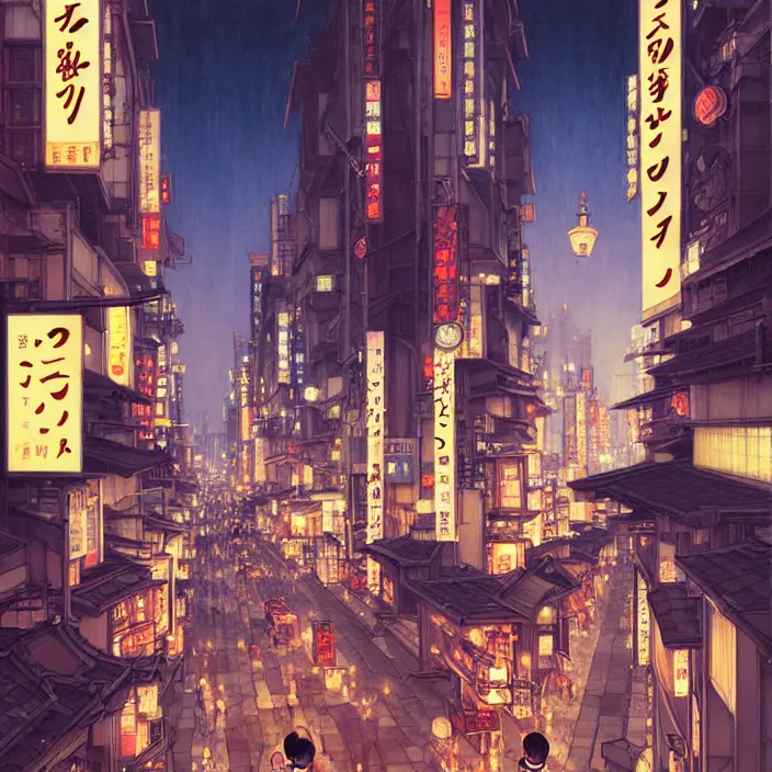 Image similar to empty tokyo at night, spring, in the style of studio ghibli, j. c. leyendecker, greg rutkowski, artem