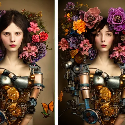 Prompt: a beautiful intricate fine art portrait photo of a a mechanical industrial steampunk cybernetic robot and a human overgrown with colorful flowers, leaves and butterflies by tom bagshaw and zach sutton, perfection!, golden ratio composition, studio lighting, 50mm lens, very detailed, bionic, cybernetic scifi, deep depth of field, artstation, 8K, highly coherent