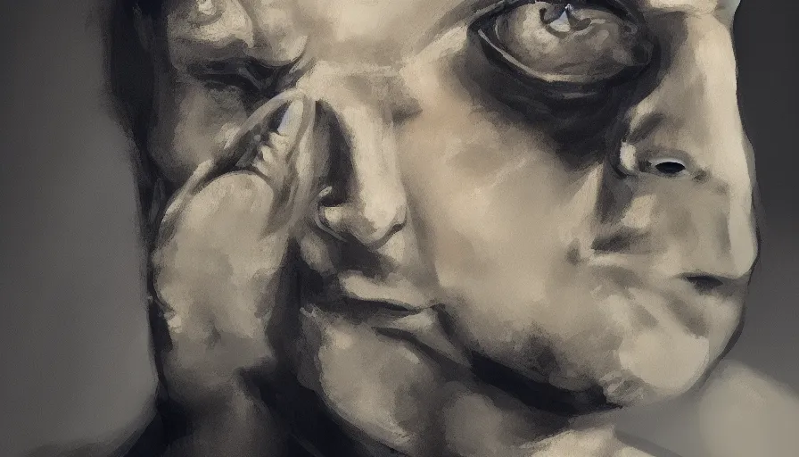 Image similar to the thinker, extremely detailed, jama jurabaev, greig fraser, roger deakins, shaddy safadi, trending on artstation, high quality, brush stroke