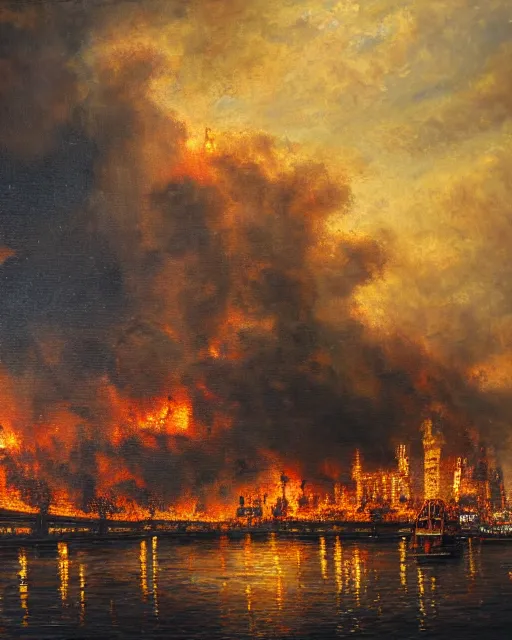 Image similar to oil painting landscape great fire of london, high production value, intricate details, high resolution, hdr, high definition, masterpiece, realistic, ultrarealistic, highly detailed, hd, sharp focus, non blurry, sharp, smooth