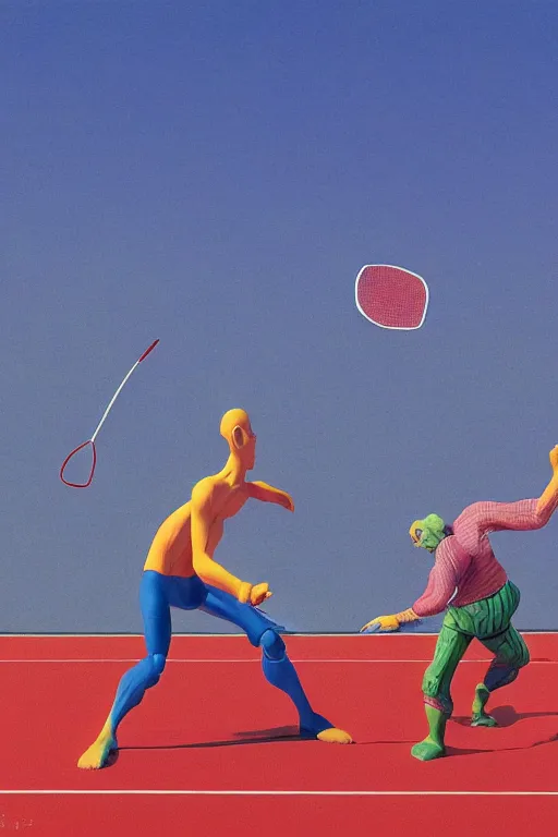 Prompt: a colorful plastic action figure of men wearing hippo masks playing badminton, by kawase hasui, moebius, Edward Hopper and James Gilleard, Zdzislaw Beksinski, Steven Outram colorful flat surreal design, hd, 8k, artstation