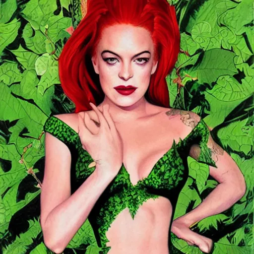 Image similar to portrait of lindsay lohan as poison ivy, wearing a green dress and floral growths, epic details by alex ross