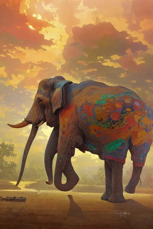 Prompt: an hiper intricate oil painting of a beautifull elephant in a velocipede surounded by melting colorfull wax drips, colorfull, excelent composition, wide shot, by yoshitaka amano, by greg rutkowski, by alphonse mucha by jeremyg lipkinng, by rhads, by ross tran, artstation, octane render
