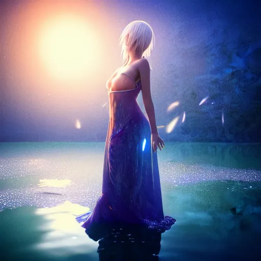 Prompt: hyper realistic, advanced digital art, style of final + fantasy + 1 5, goddess wearing a nightgown made of water standing in a lake at night, gaussian blur, reflection, 8 8 mm lens, lens flare, water particle in front, depth of field, close up shot, rim lights wlop