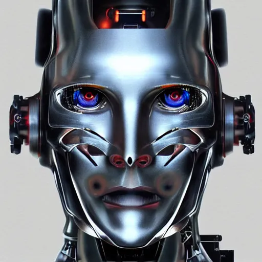 Image similar to a cyborg robot designed by tesla, hyper realistic, detailed portrait,