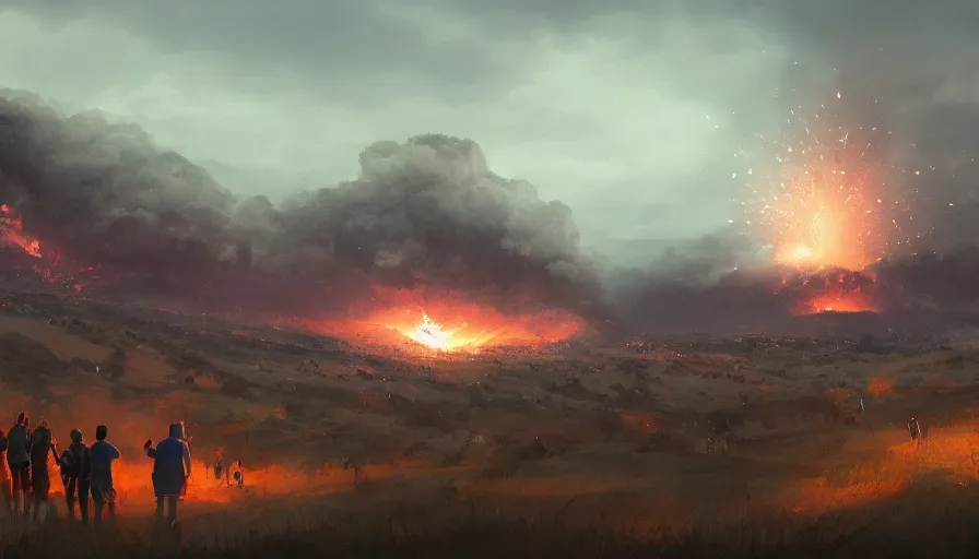 Image similar to people on a hill watching humongous explosion in the distance at night, hyperdetailed, artstation, cgsociety, 8 k