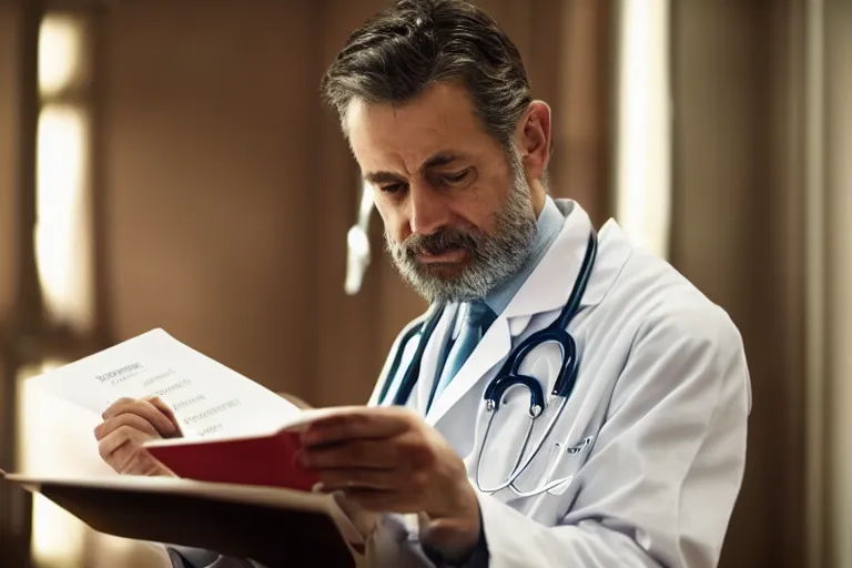 Prompt: a cinematic shot of an doctor reading his notes, talking to a patient, moody lighting, action, movie still, shallow depth of field, muted colors