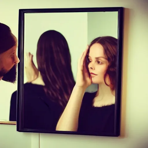 Image similar to a beautiful woman looking in a mirror, but the reflection ist a bearded man