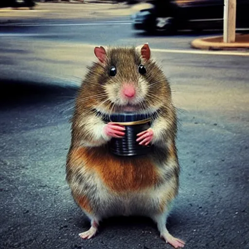 Image similar to “ hamster dressed as a homeless person sitting at an intersection with arms stretched out holding a tin can ”