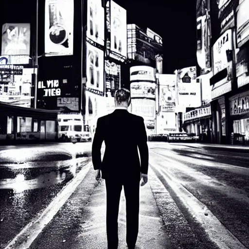 Prompt: a handsome man in a black suit standing on a bustling cyberpunk city street at night