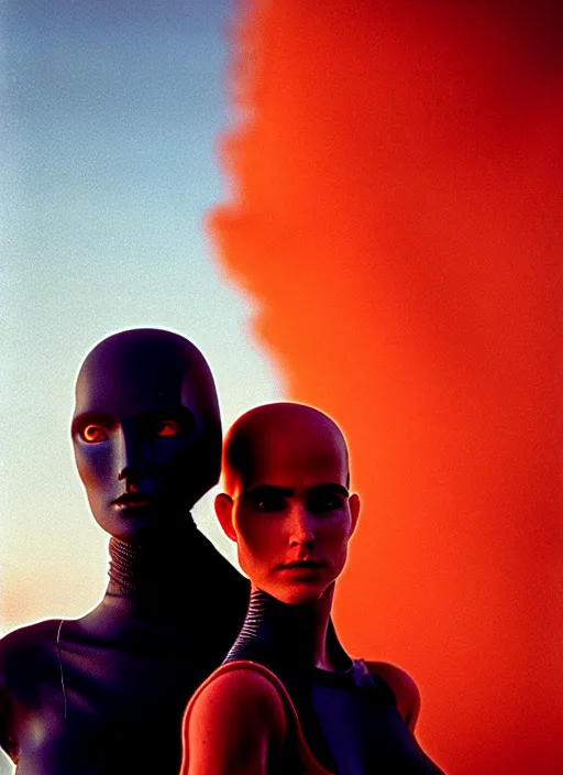 Image similar to cinestill 5 0 d photographic portrait by steve mccurry of two loving female androids wearing rugged black mesh techwear on a desolate plain with a red sky, extreme closeup, cyberpunk style, dust storm, 8 k, hd, high resolution, 3 5 mm, f / 3 2, ultra realistic faces, ex machina, blade runner