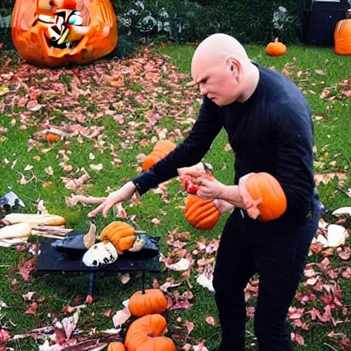 Image similar to billy corgan of the band smashing pumpkins outside on halloween destroying pumpkins in his city because he's angry no one understands his band's name