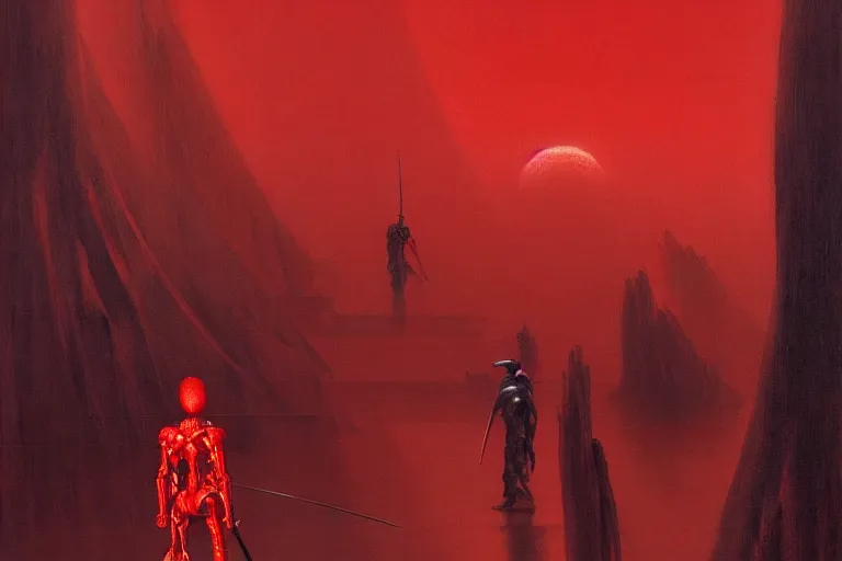 Image similar to only with red, a red cyborg samurai, tokio futuristic in background, some evil yokai, in the style of beksinski, parts by edward hopper, parts by rodcenko, parts by yue minjun, intricate and epic composition, red by caravaggio, insanely quality, highly detailed, masterpiece, red light, artstation, 4 k