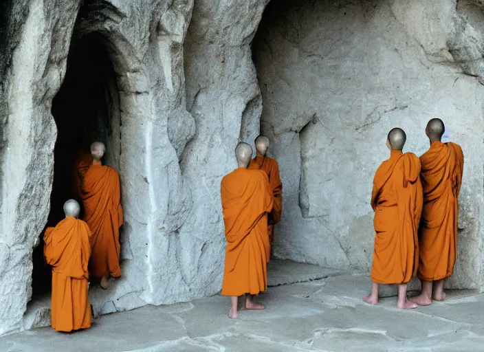 Image similar to humanoid alien robed monks sing in a stone monastery kodak vision 2 0 0 t