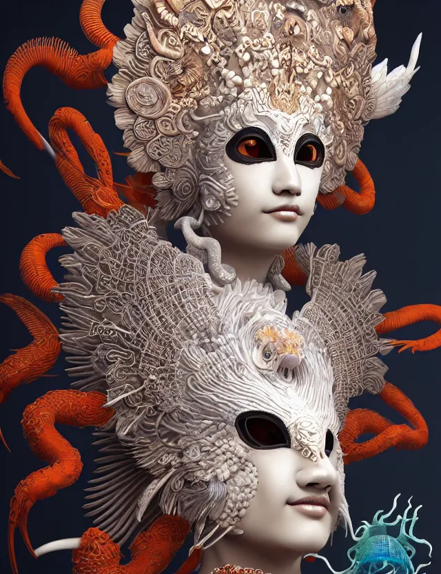 Image similar to 3 d goddess close - up 3 / 4 portrait with ram skull. beautiful intricately detailed japanese crow kitsune mask and clasical japanese kimono. betta fish, jellyfish phoenix, bio luminescent, plasma, ice, water, wind, creature, artwork by tooth wu and wlop and beeple and greg rutkowski