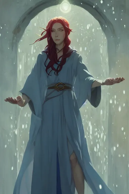 Image similar to elvish female sorcerer doing water magic spells, blue robes, red hair, finely detailed perfect face, exquisite details, mid view, design on a white background, by studio muti, greg rutkowski makoto shinkai takashi takeuchi studio ghibli